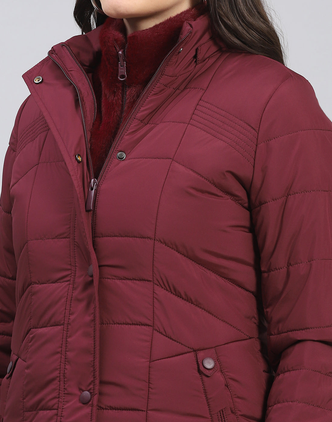 Women Maroon Solid Stand Collar Full Sleeve Jacket