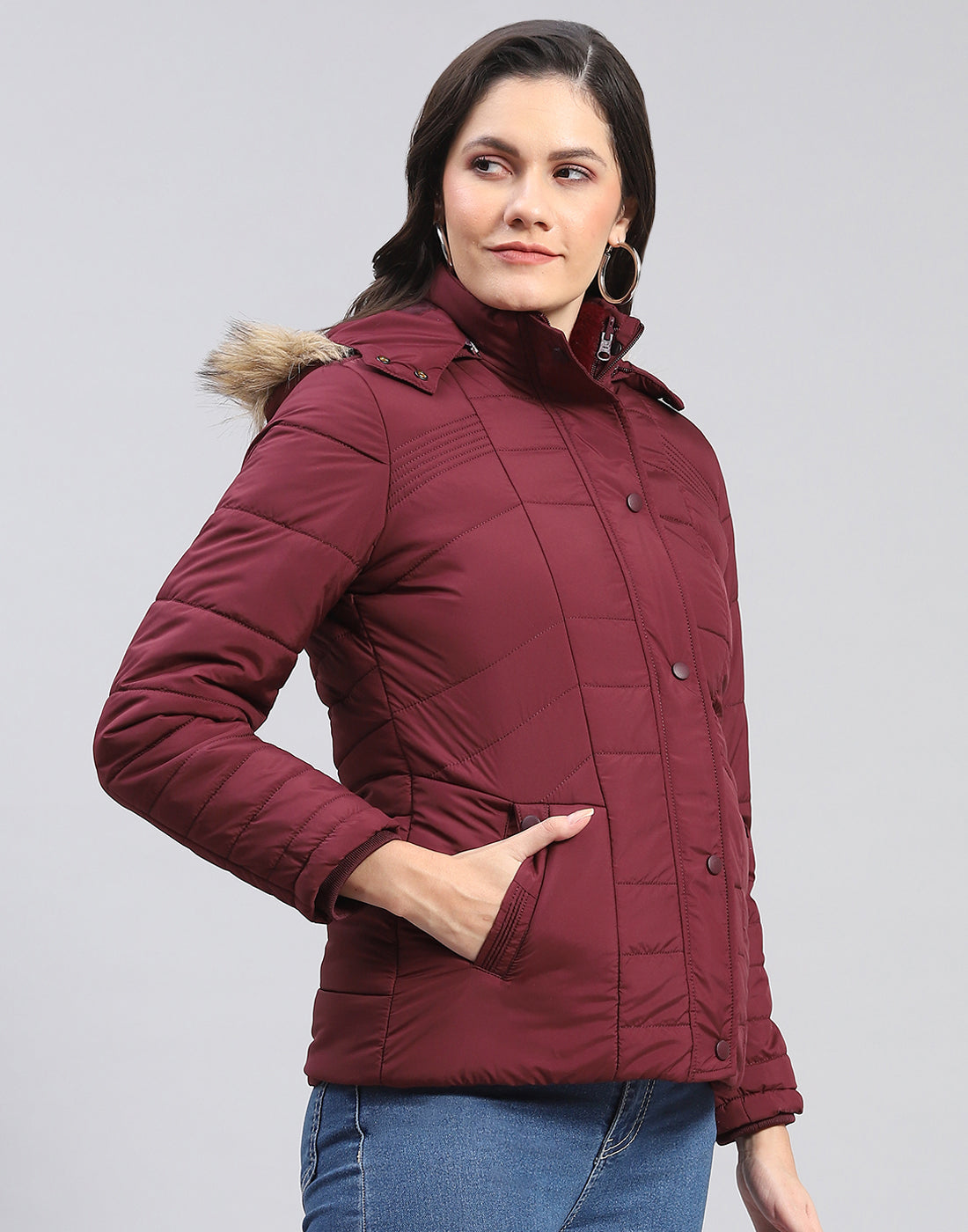 Women Maroon Solid Stand Collar Full Sleeve Jacket