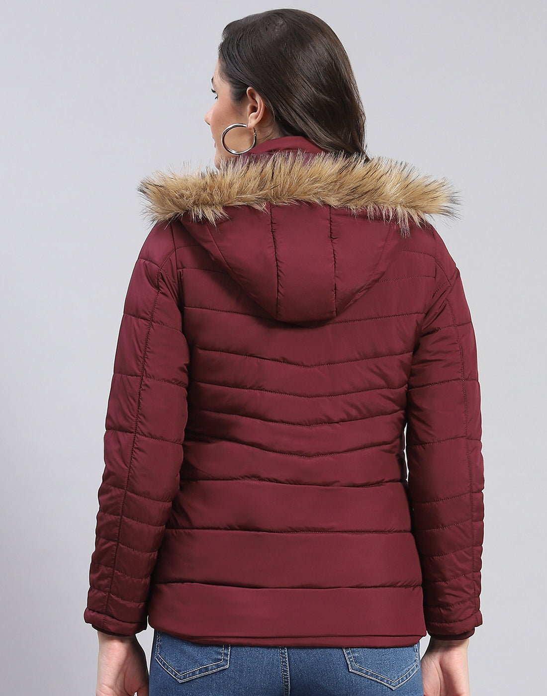 Women Maroon Solid Stand Collar Full Sleeve Jacket