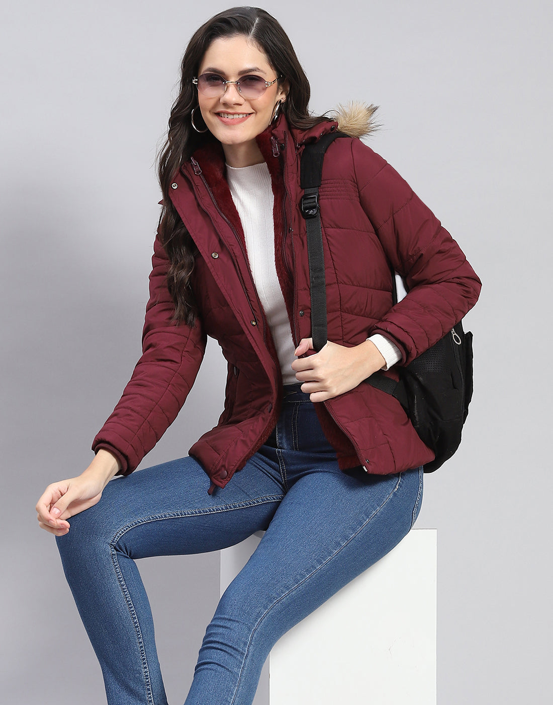 Women Maroon Solid Stand Collar Full Sleeve Jacket