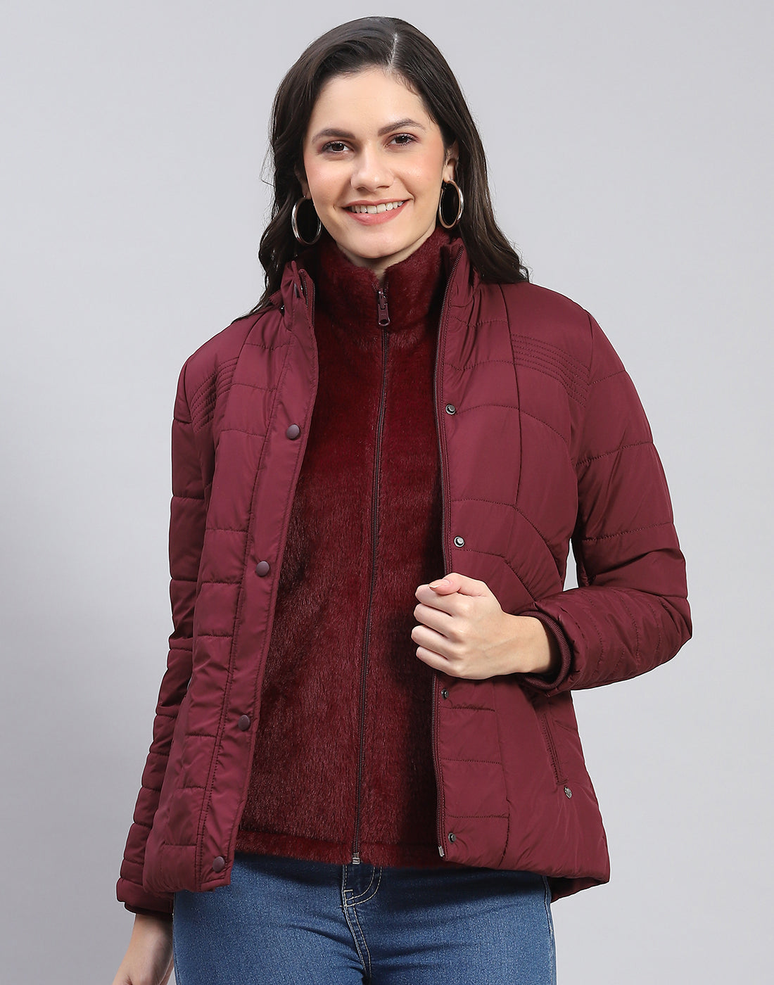 Women Maroon Solid Stand Collar Full Sleeve Jacket
