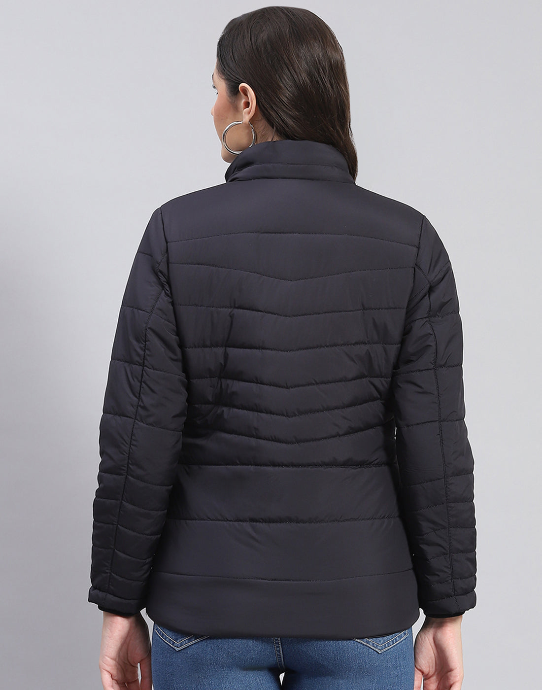 Women Navy Blue Solid Stand Collar Full Sleeve Jacket