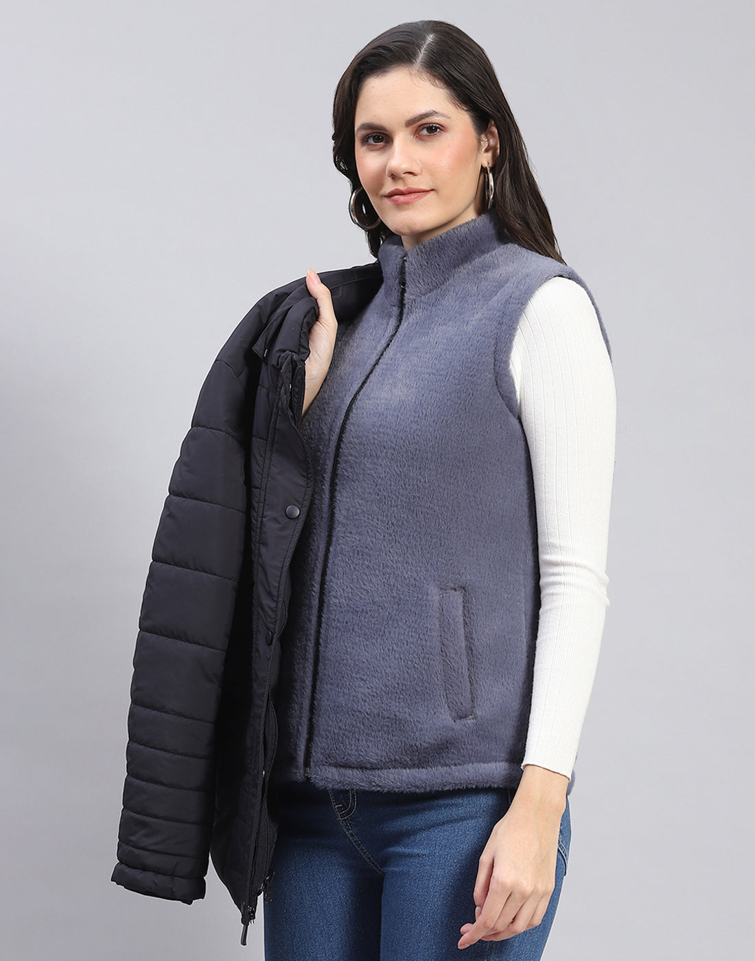 Women Navy Blue Solid Stand Collar Full Sleeve Jacket