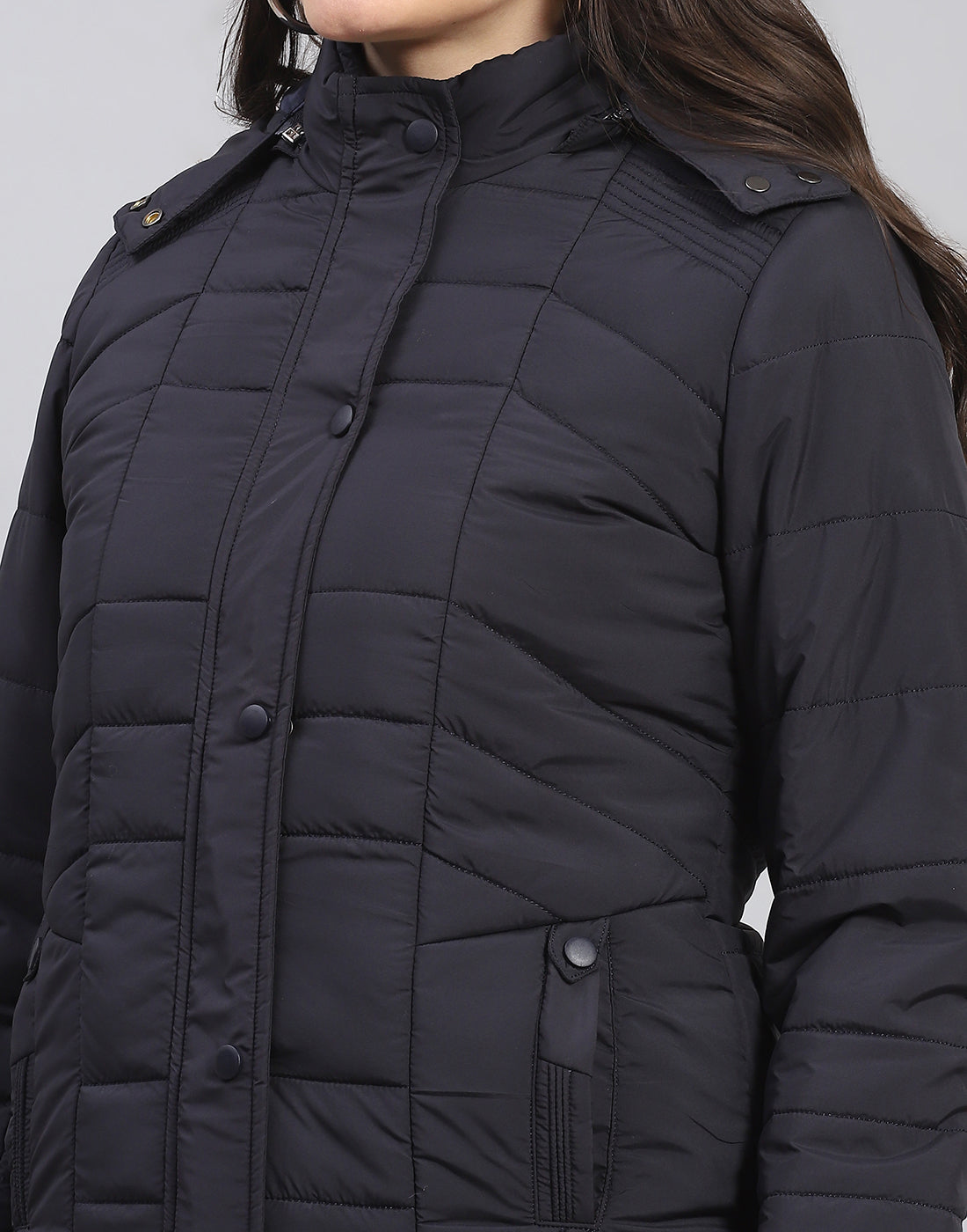 Women Navy Blue Solid Stand Collar Full Sleeve Jacket