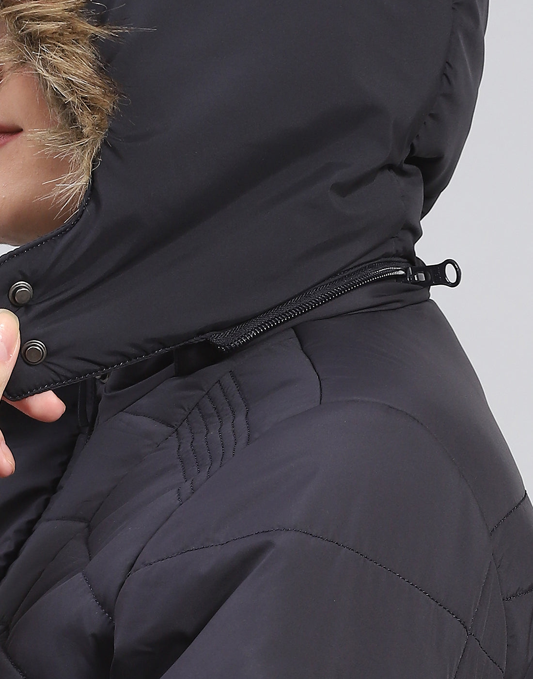 Women Navy Blue Solid Stand Collar Full Sleeve Jacket