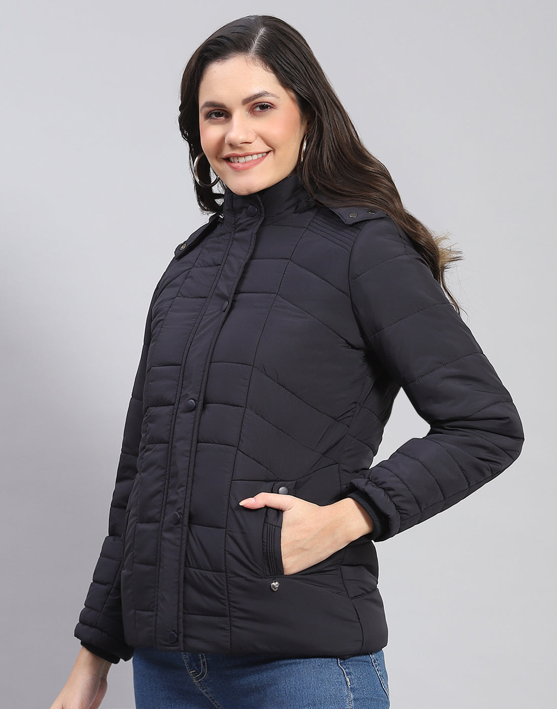 Women Navy Blue Solid Stand Collar Full Sleeve Jacket