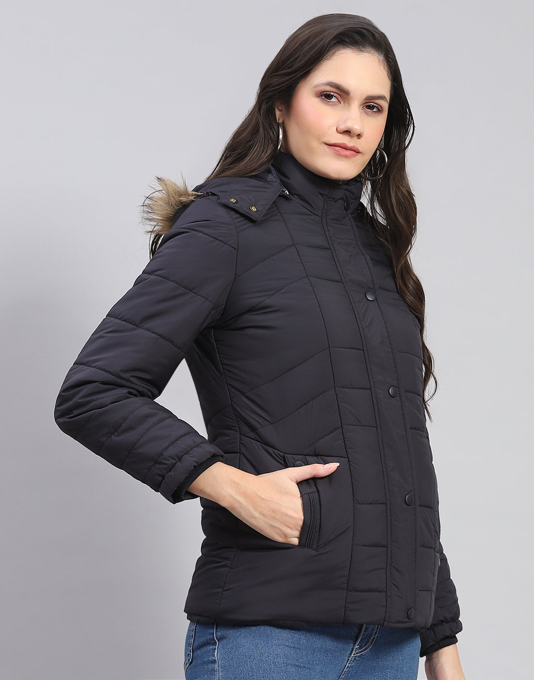 Women Navy Blue Solid Stand Collar Full Sleeve Jacket