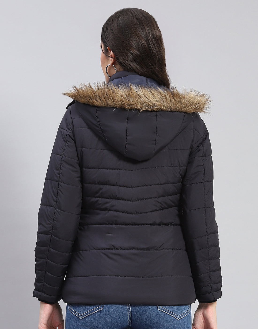 Women Navy Blue Solid Stand Collar Full Sleeve Jacket