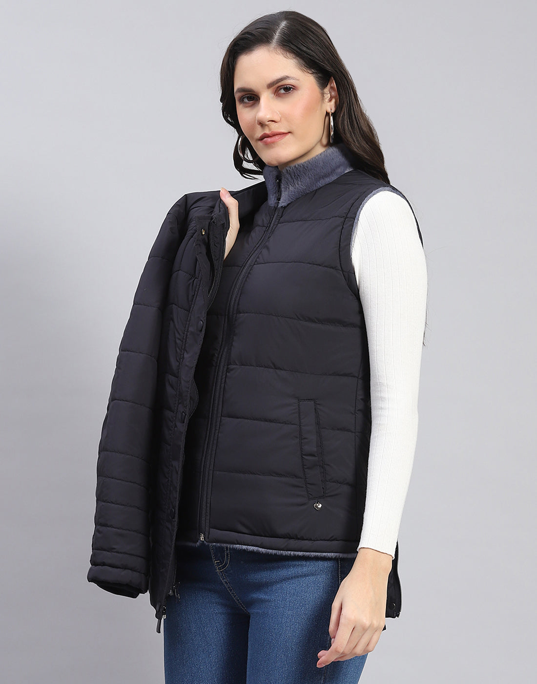 Women Navy Blue Solid Stand Collar Full Sleeve Jacket