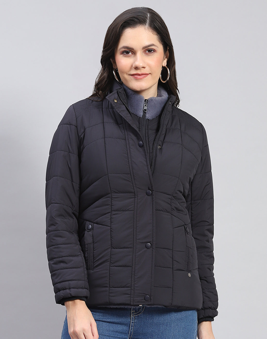 Women Navy Blue Solid Stand Collar Full Sleeve Jacket