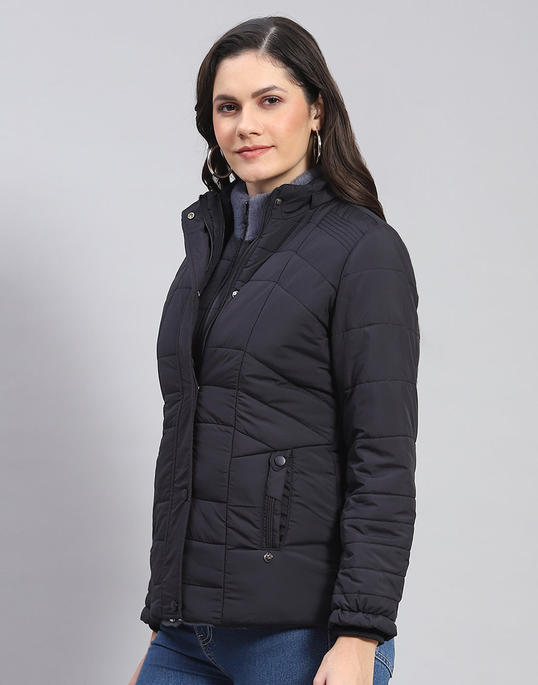 Women Navy Blue Solid Stand Collar Full Sleeve Jacket
