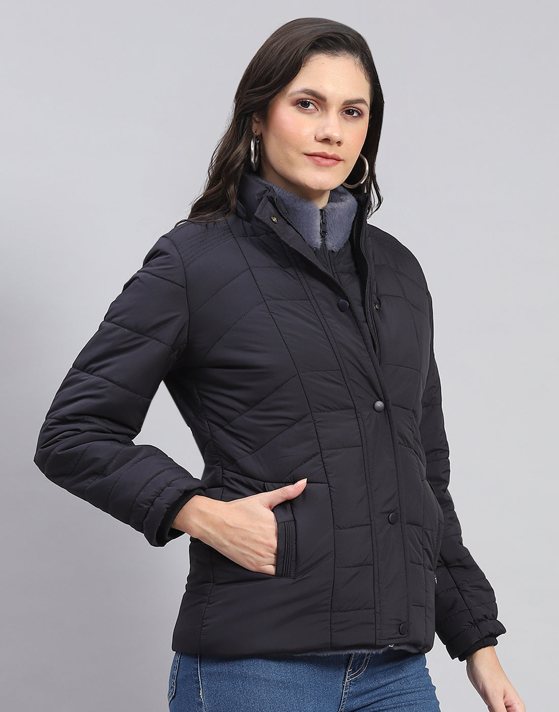 Women Navy Blue Solid Stand Collar Full Sleeve Jacket