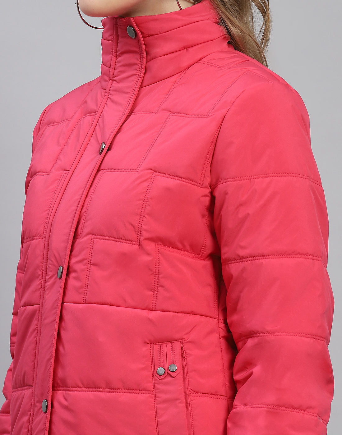 Women Pink Solid Stand Collar Full Sleeve Jacket