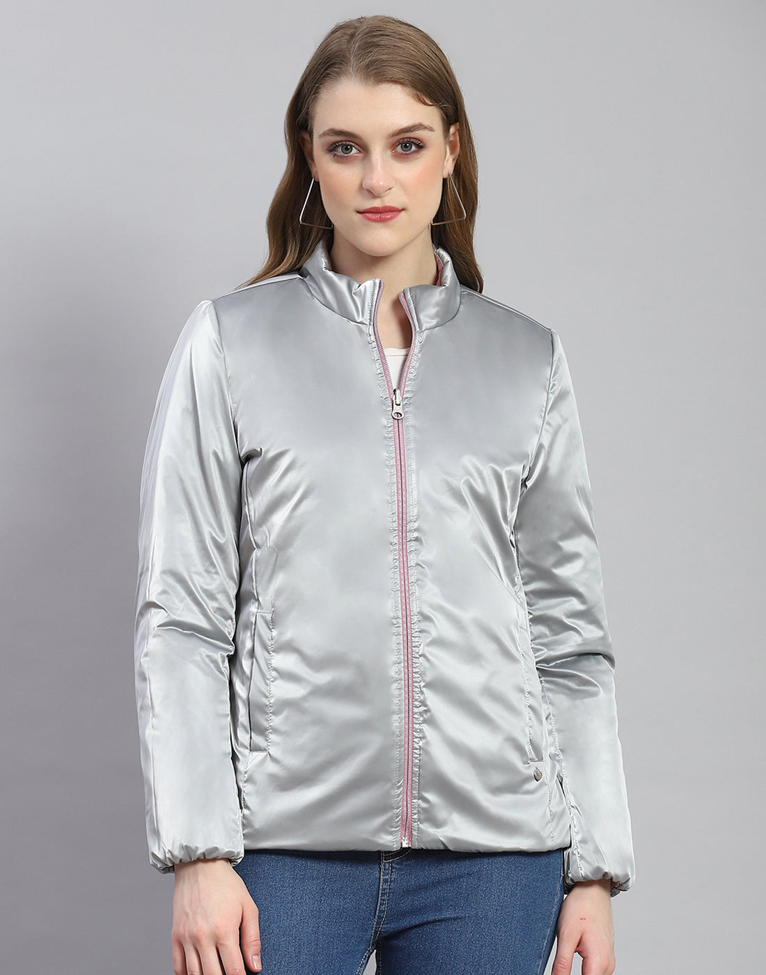 Women Purple Solid Stand Collar Full Sleeve Jacket