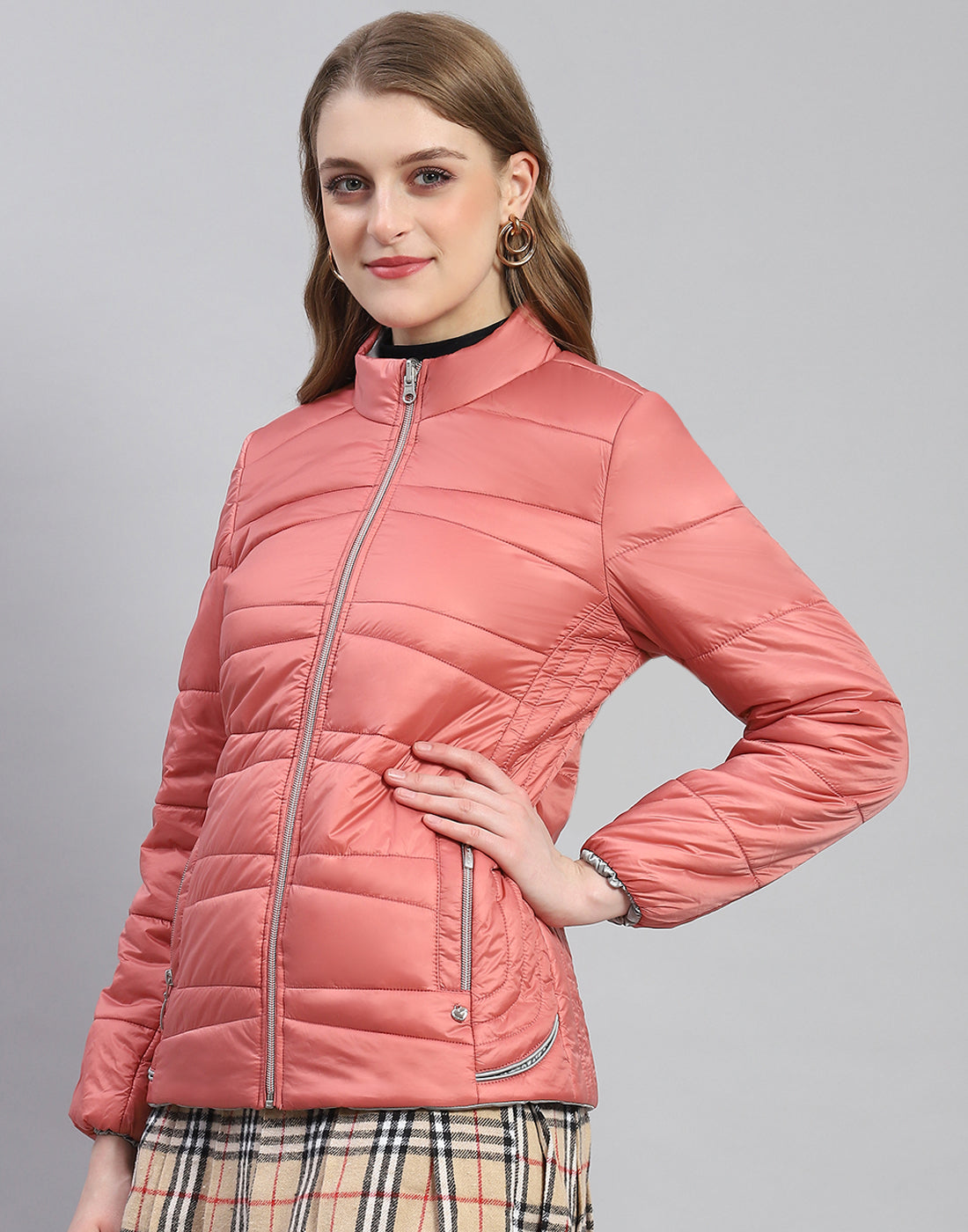 Women Peach Solid Stand Collar Full Sleeve Jacket