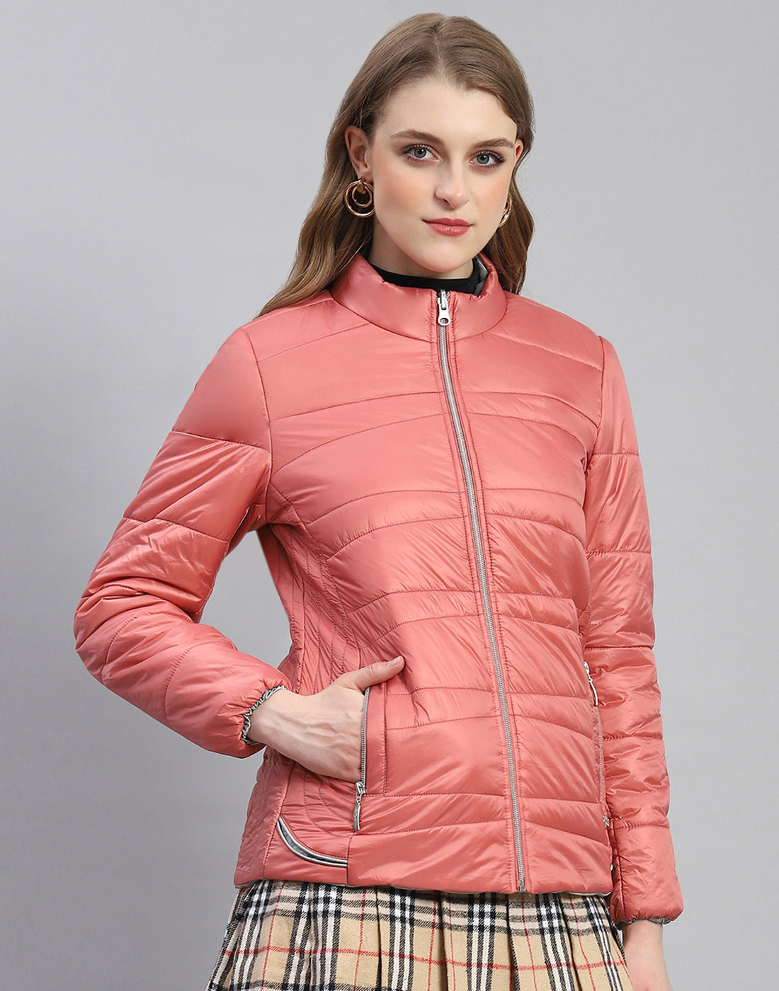 Women Peach Solid Stand Collar Full Sleeve Jacket