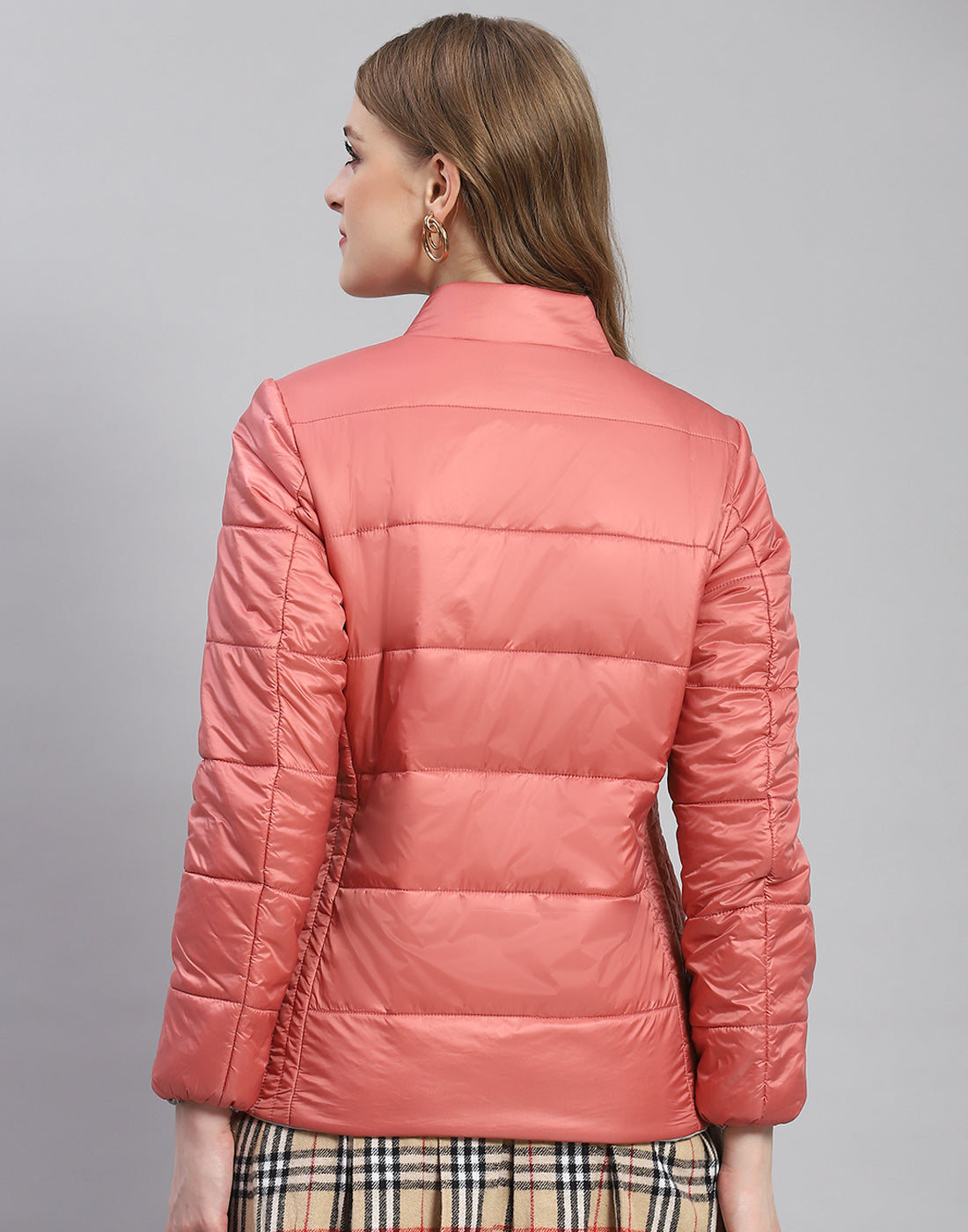 Women Peach Solid Stand Collar Full Sleeve Jacket