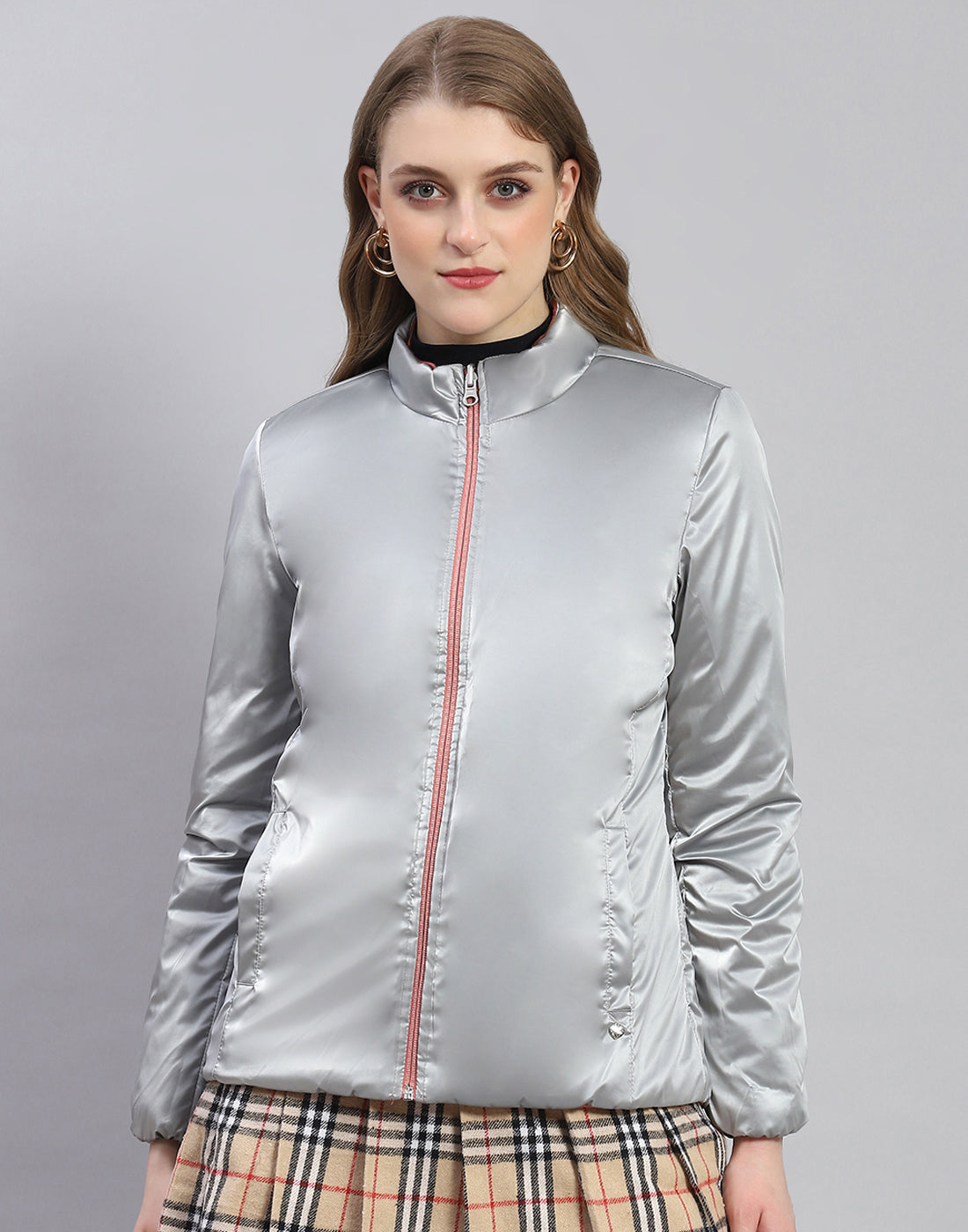 Women Peach Solid Stand Collar Full Sleeve Jacket