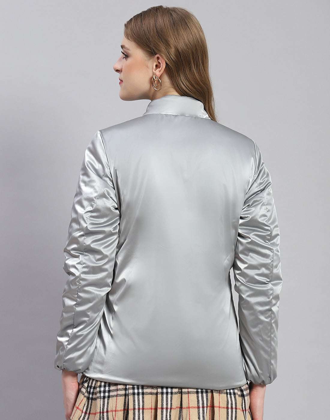 Women Peach Solid Stand Collar Full Sleeve Jacket