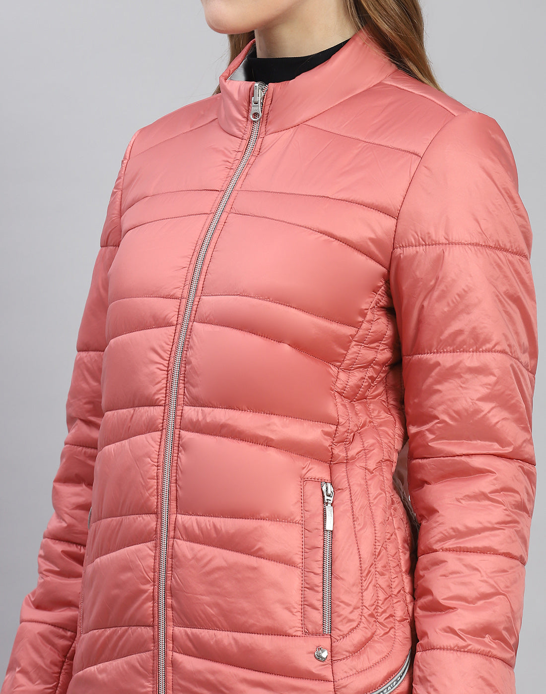 Women Peach Solid Stand Collar Full Sleeve Jacket