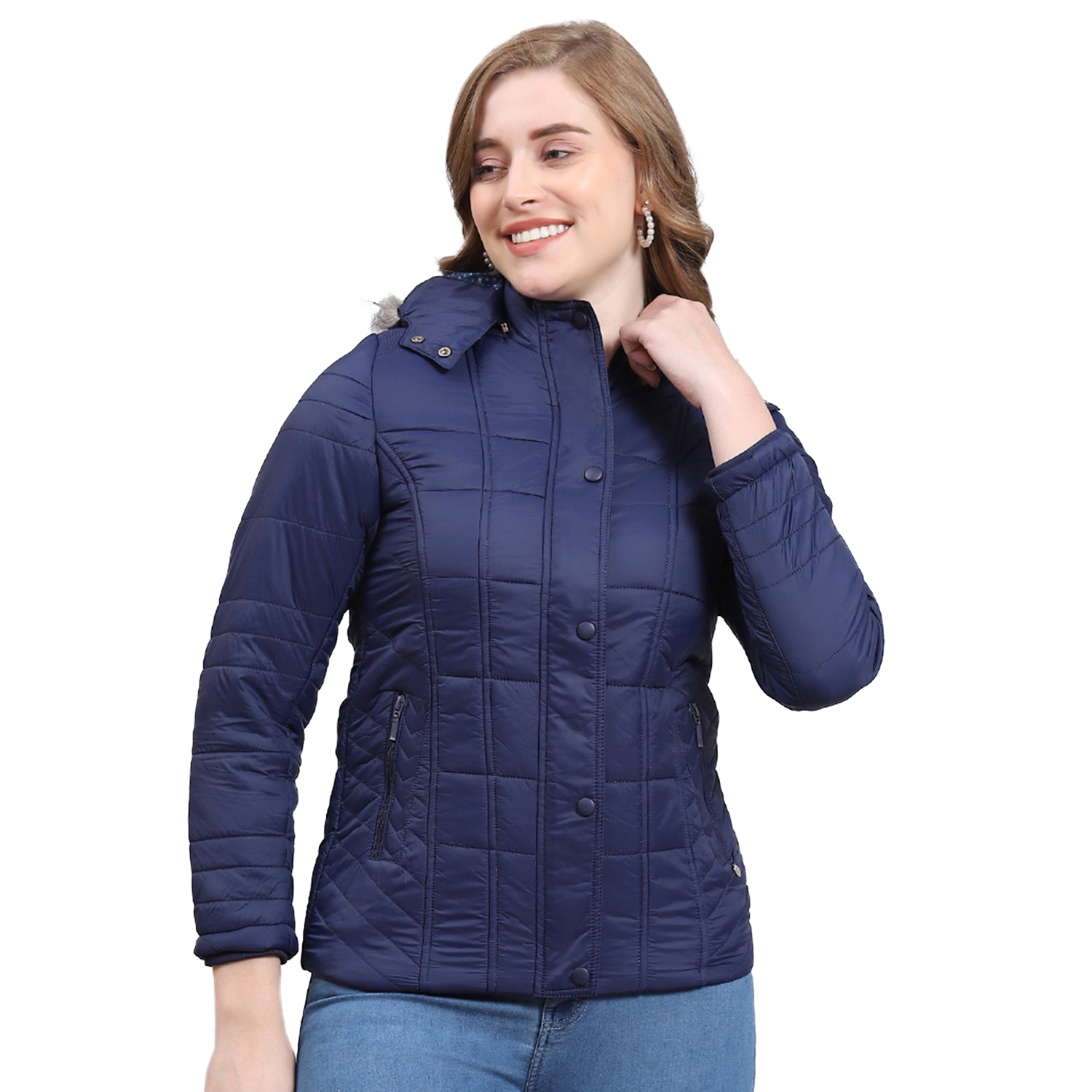 Women Navy Blue Solid Hooded Full Sleeve Jacket