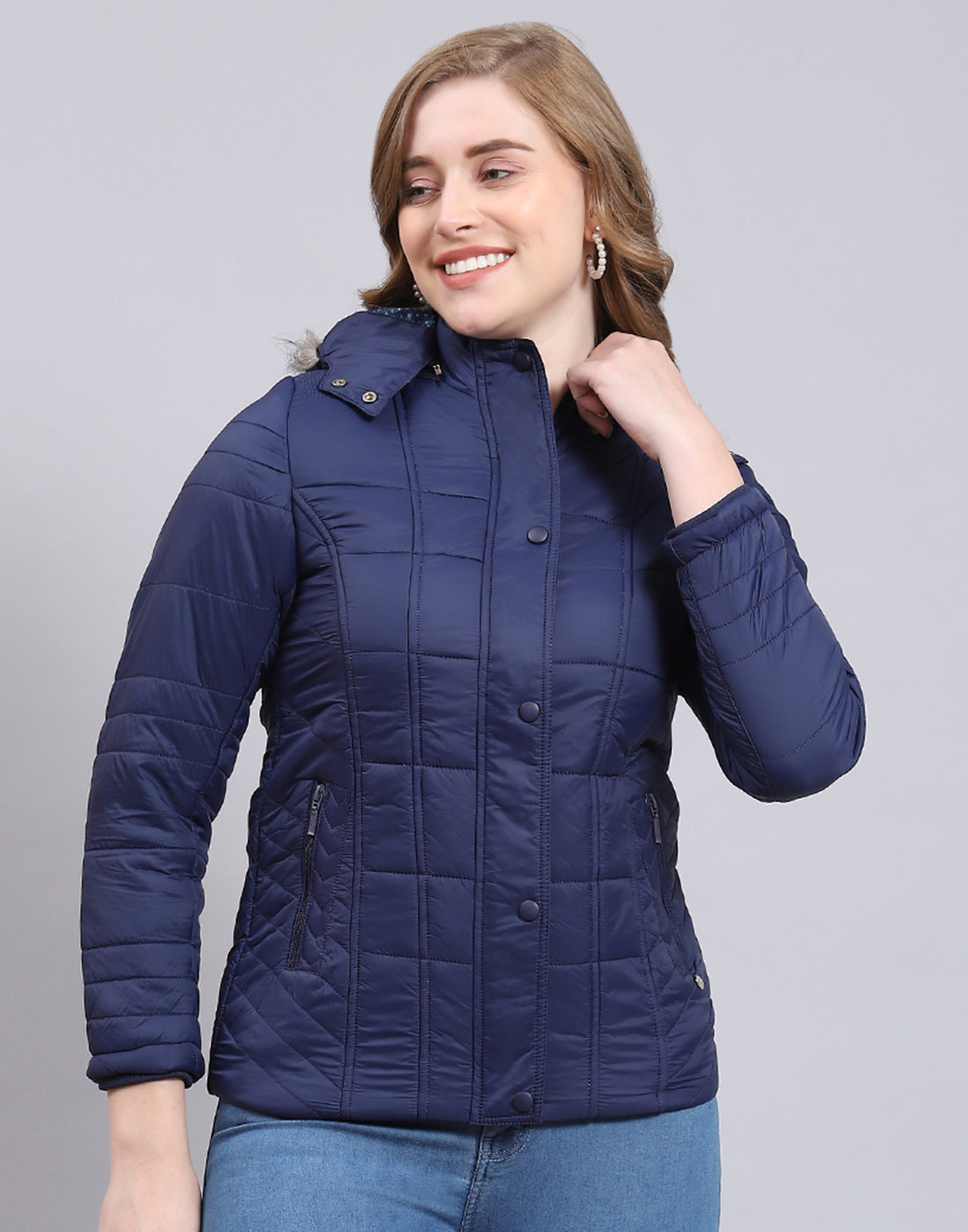Women Navy Blue Solid Hooded Full Sleeve Jacket