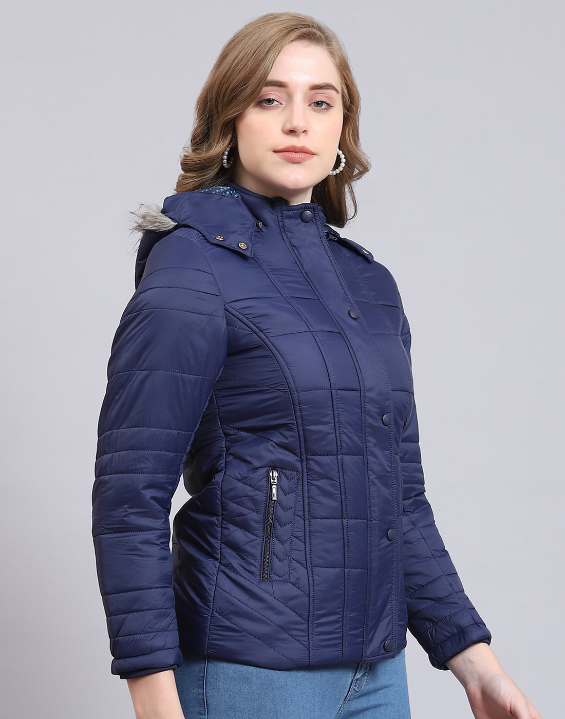 Women Navy Blue Solid Hooded Full Sleeve Jacket