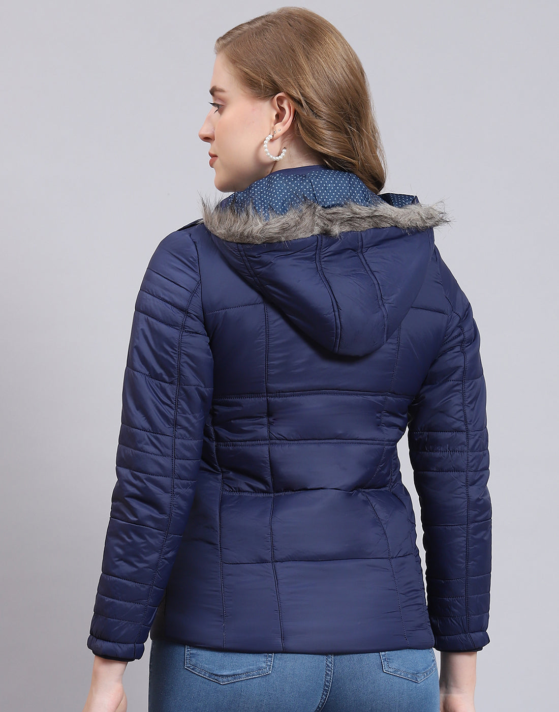 Women Navy Blue Solid Hooded Full Sleeve Jacket