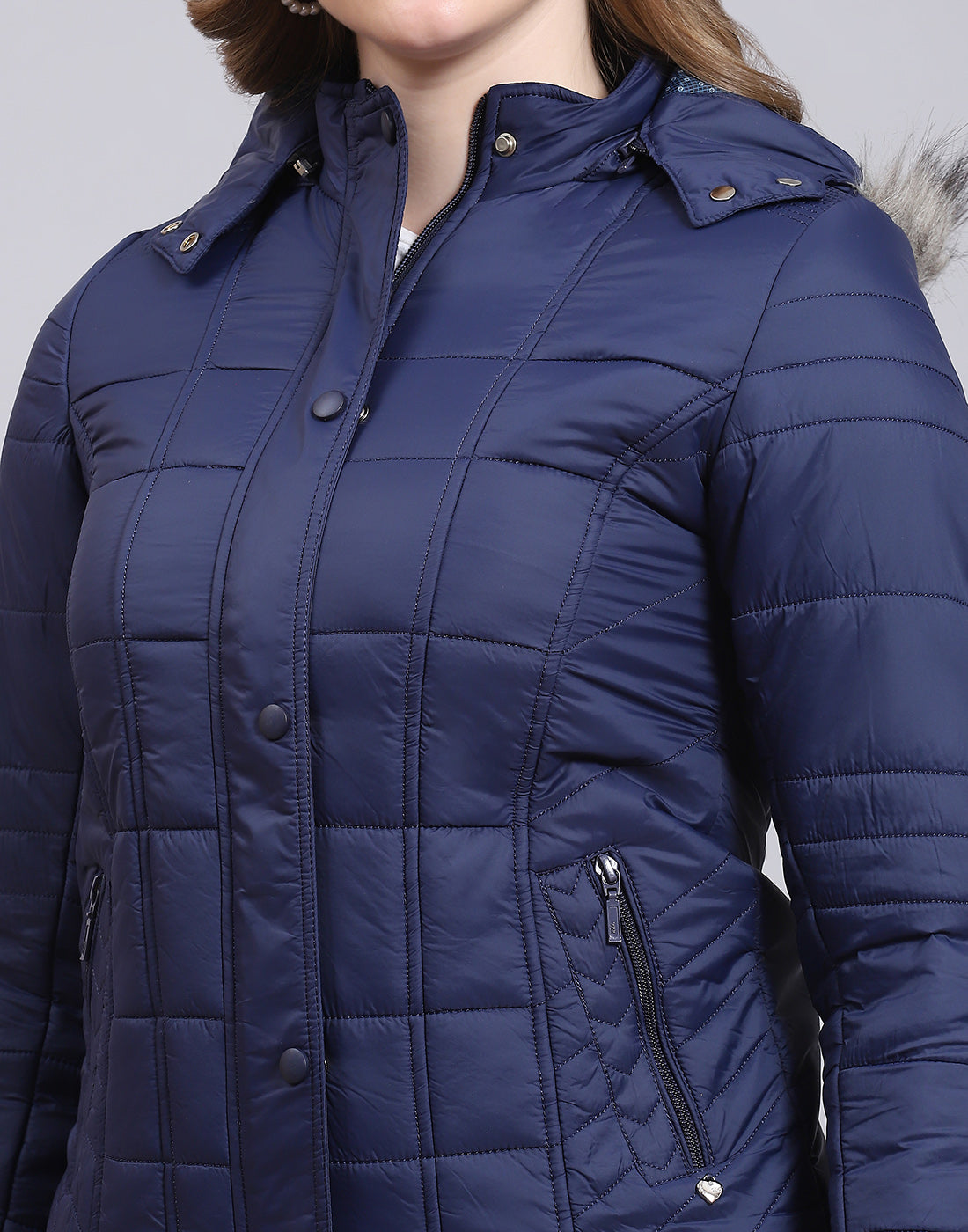 Women Navy Blue Solid Hooded Full Sleeve Jacket