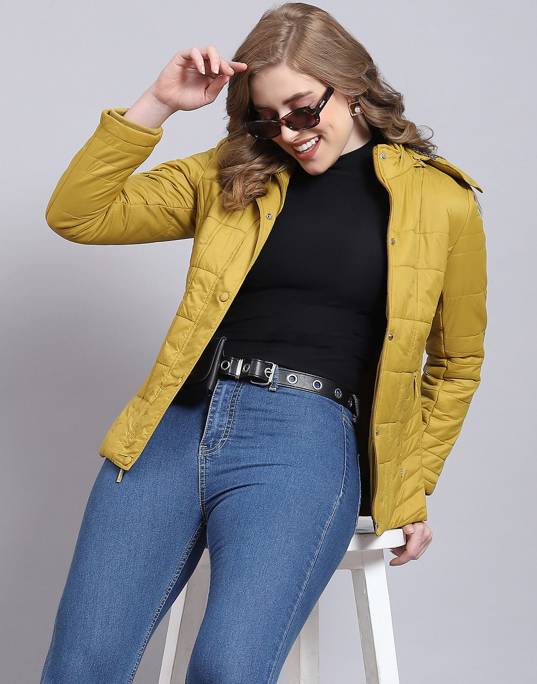 Women Mustard Solid Hooded Full Sleeve Jacket