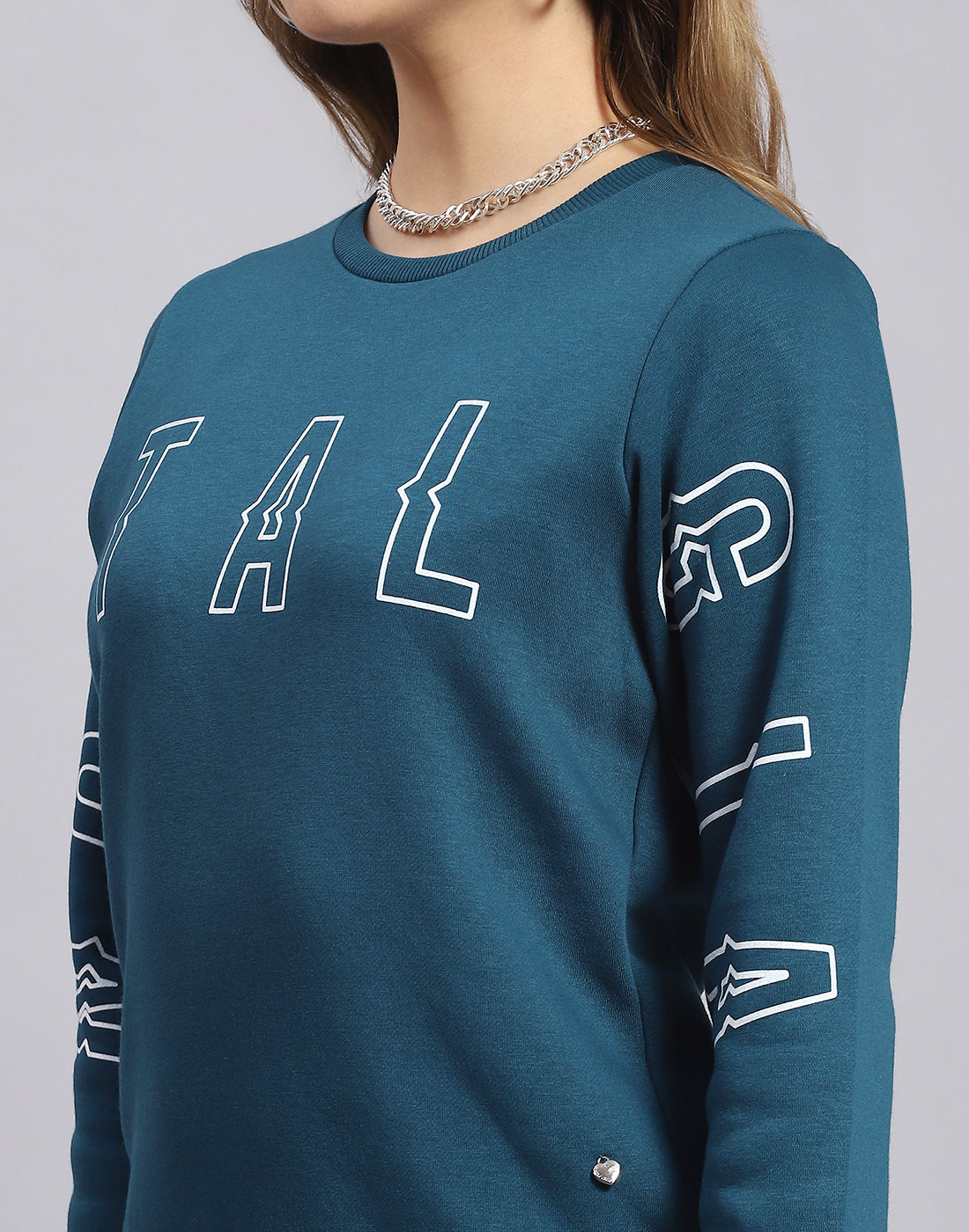 Women Teal Blue Printed Round Neck Full Sleeve Sweatshirt