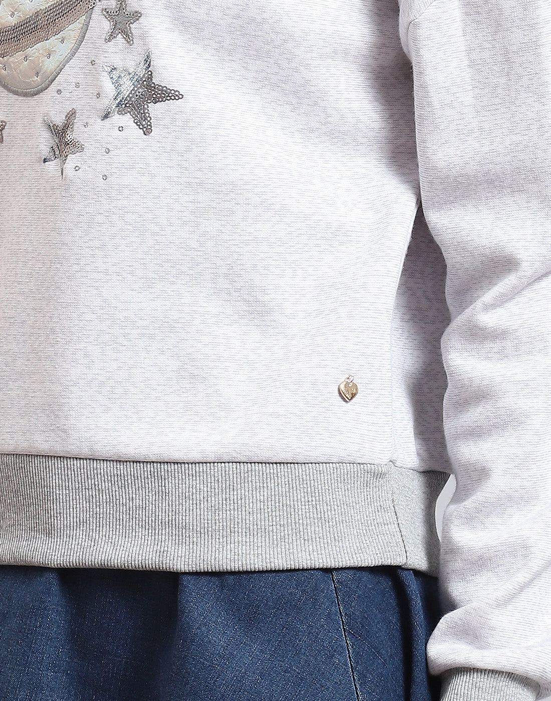 Women Grey Melange Embellished Round Neck Full Sleeve Sweatshirt