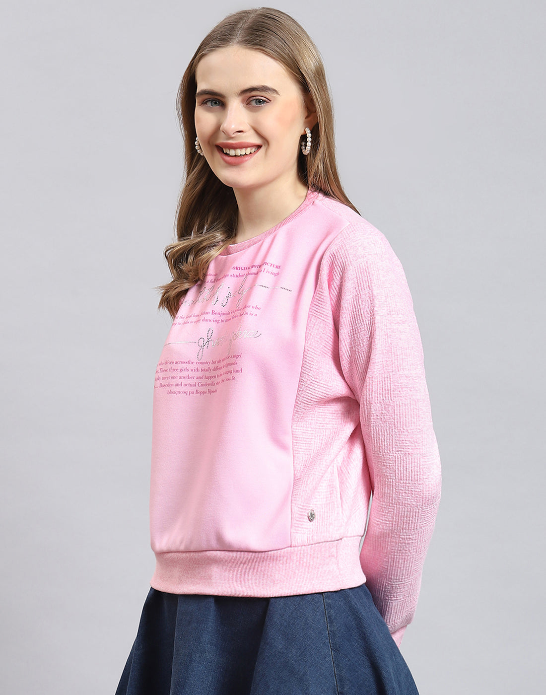 Women Pink Printed Round Neck Full Sleeve Sweatshirt