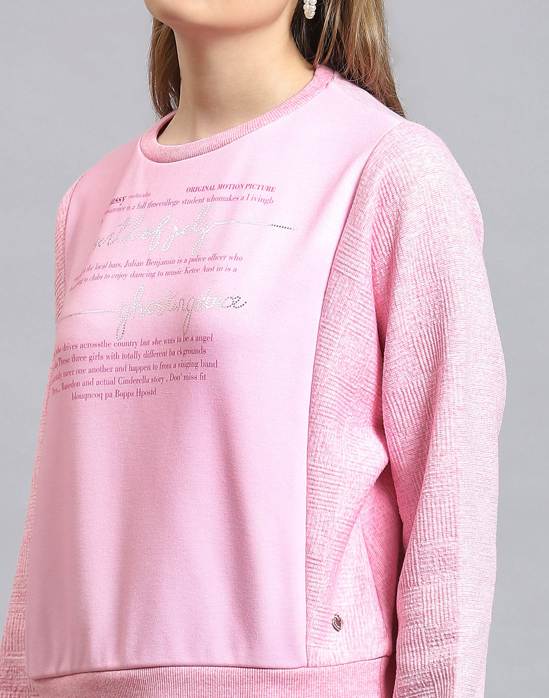 Women Pink Printed Round Neck Full Sleeve Sweatshirt