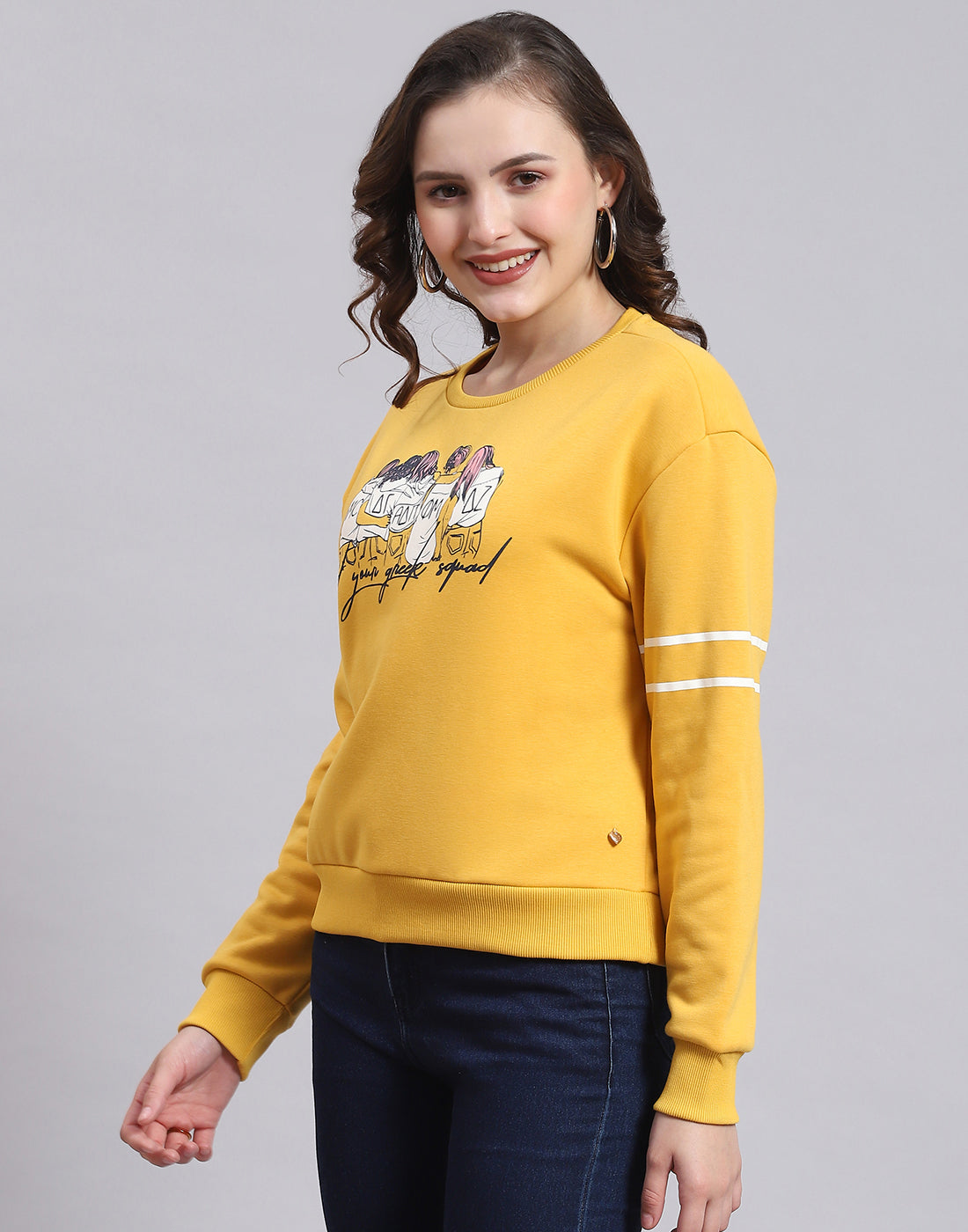 Women Yellow Printed Round Neck Full Sleeve Sweatshirt