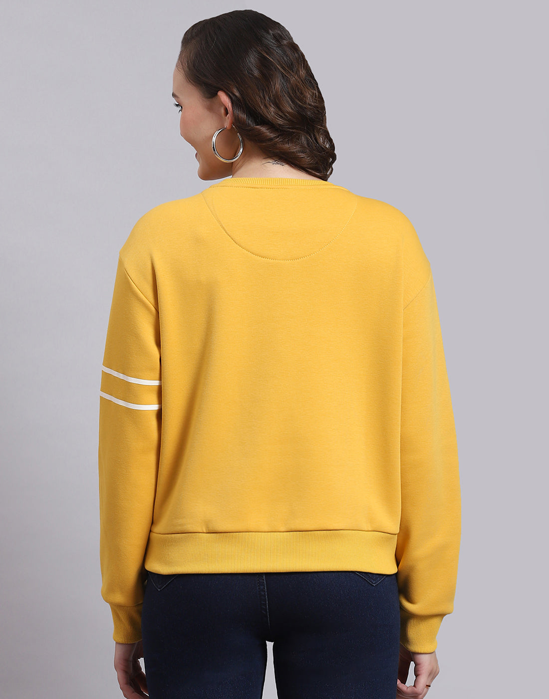 Women Yellow Printed Round Neck Full Sleeve Sweatshirt