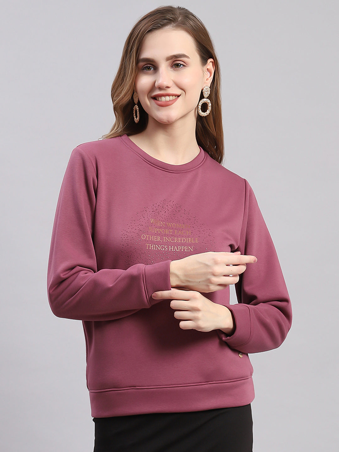Women Maroon Printed Round Neck Full Sleeve Sweatshirts