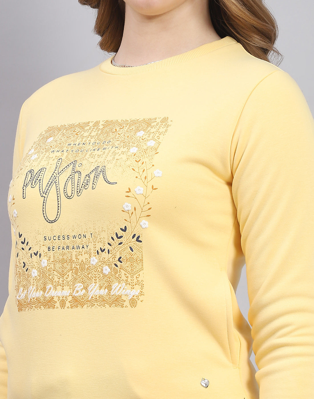 Women Yellow Printed Round Neck Full Sleeve Sweatshirt