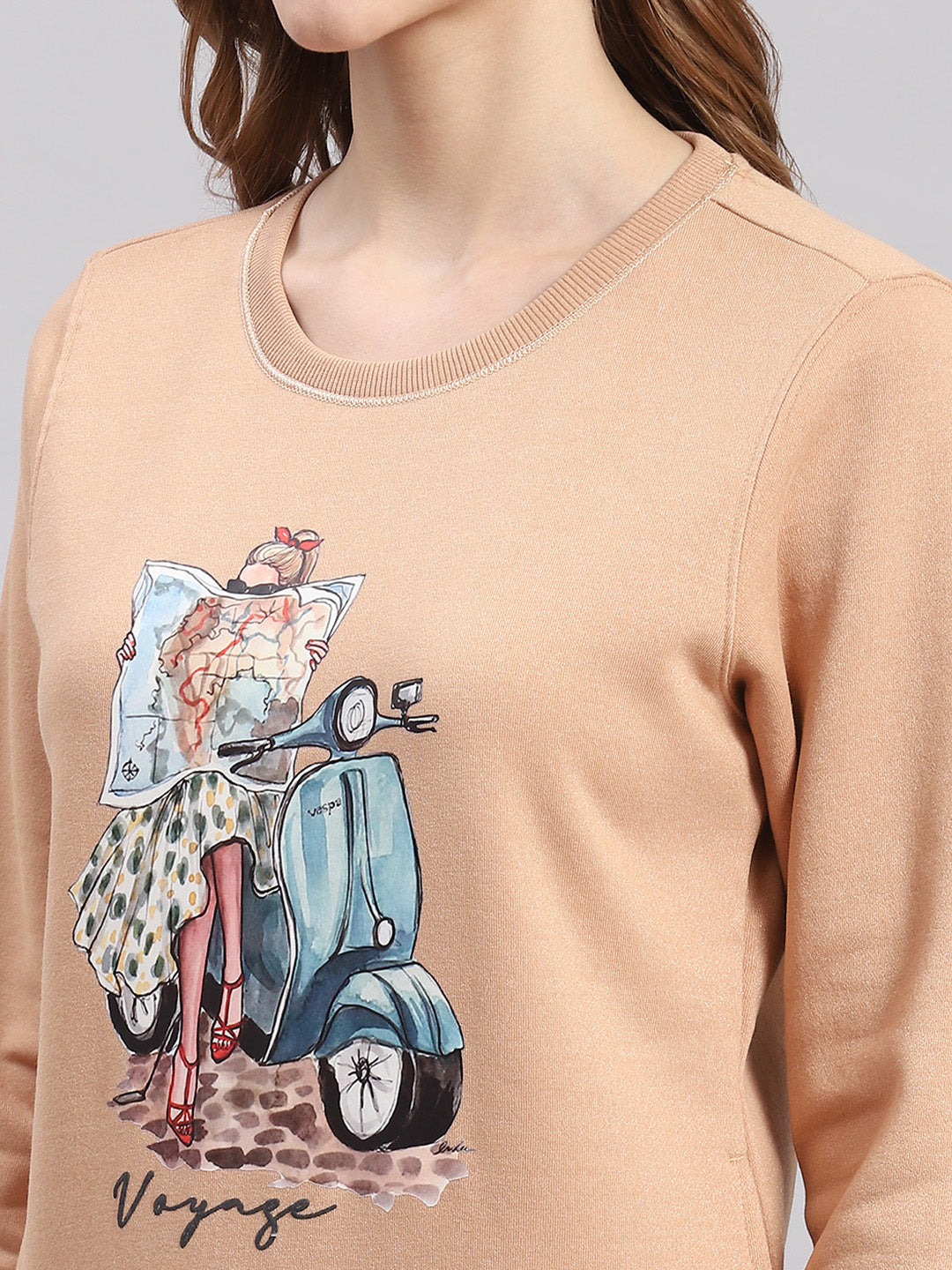 Women Peach Printed Round Neck Full Sleeve Sweatshirts