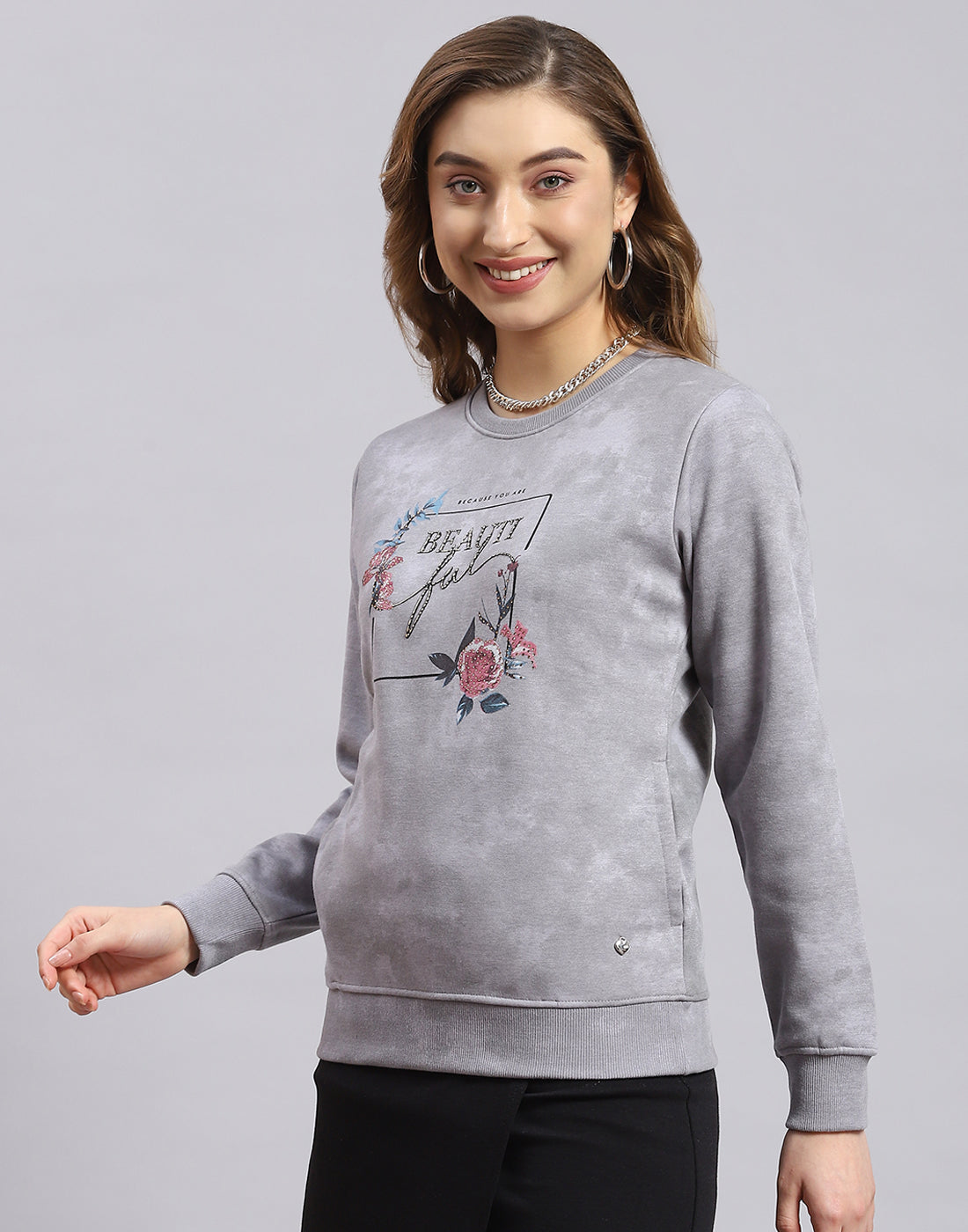 Women Grey Printed Round Neck Full Sleeve Sweatshirt