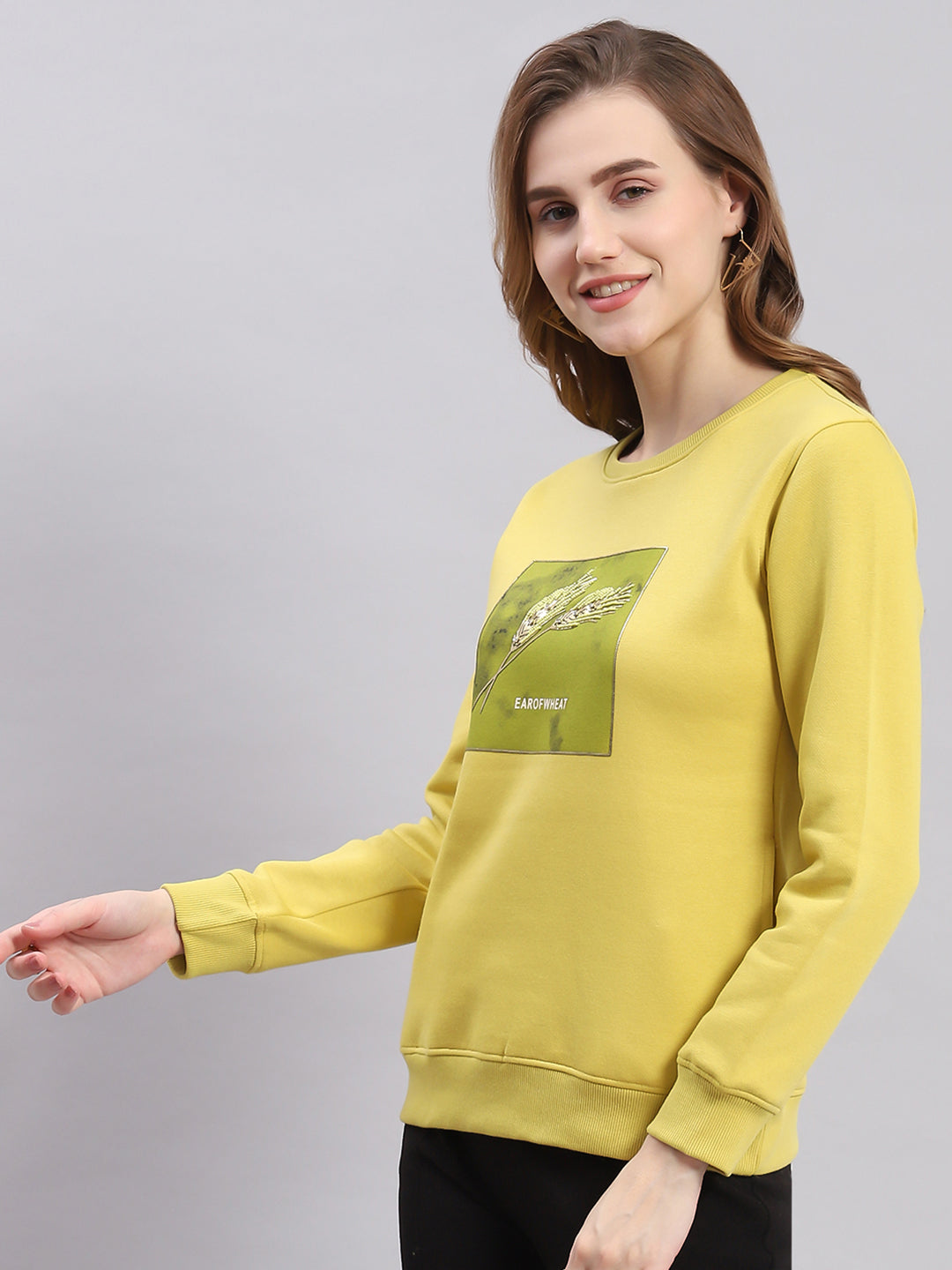 Women Yellow Printed Round Neck Full Sleeve Sweatshirts