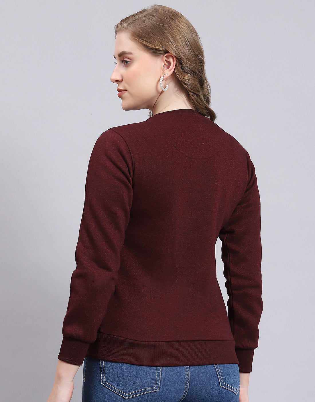 Women Maroon Embroidered Round Neck Full Sleeve Sweatshirt