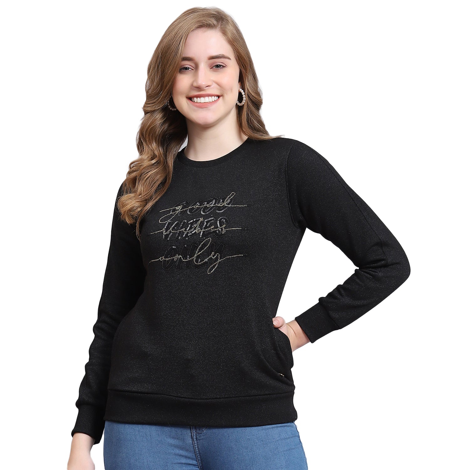 Women Black Embroidered Round Neck Full Sleeve Sweatshirt