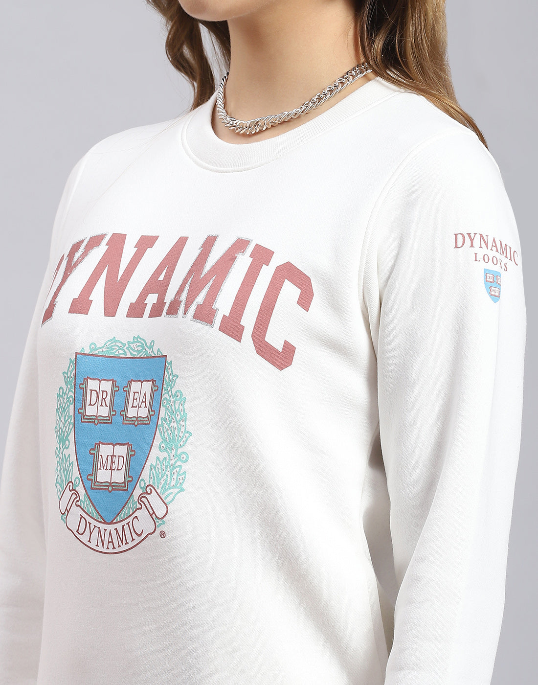 Women White Printed Round Neck Full Sleeve Sweatshirt