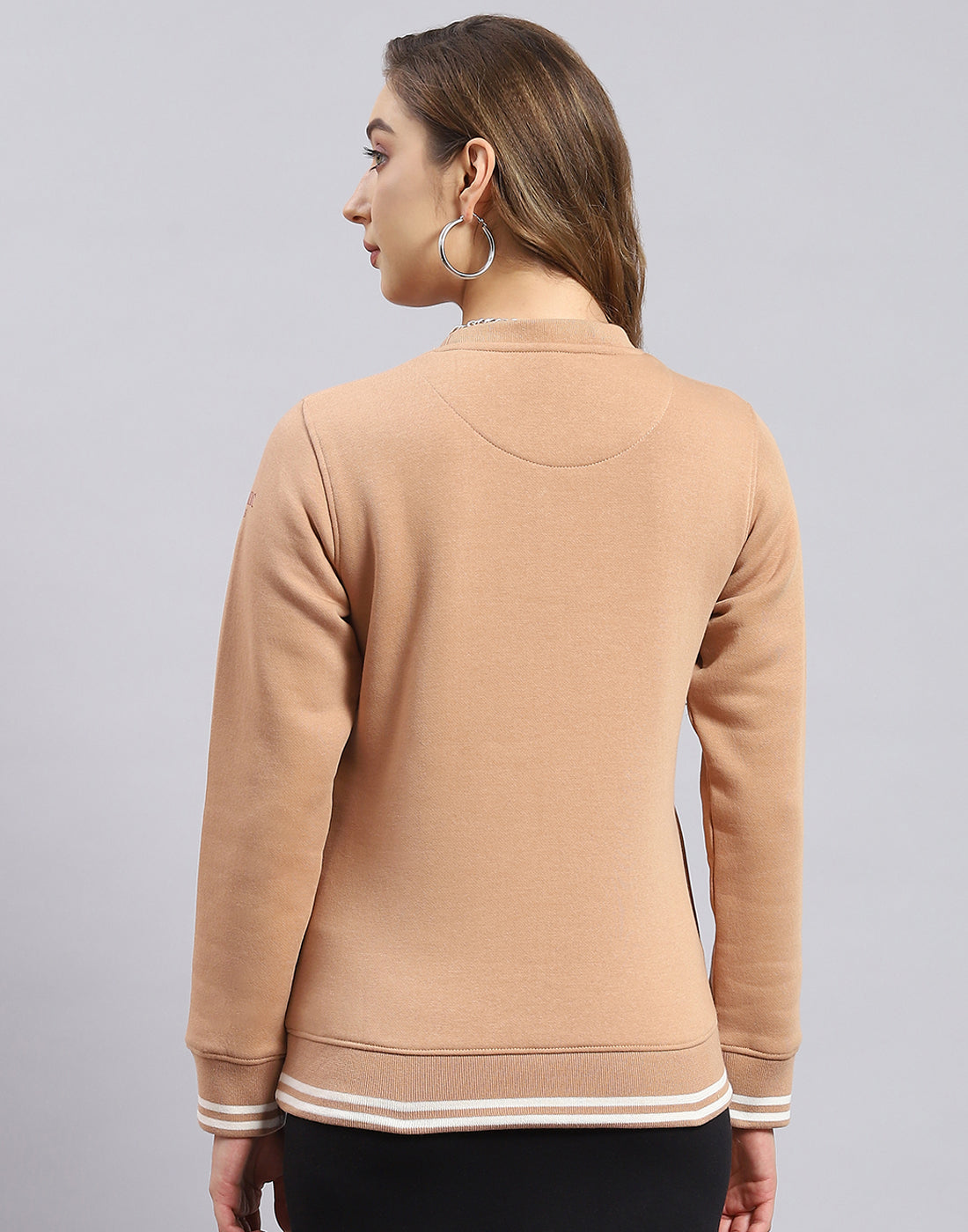 Women Beige Printed Round Neck Full Sleeve Sweatshirt