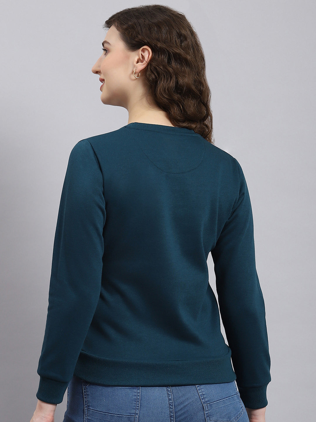 Women Teal Blue Printed Round Neck Full Sleeve Sweatshirt