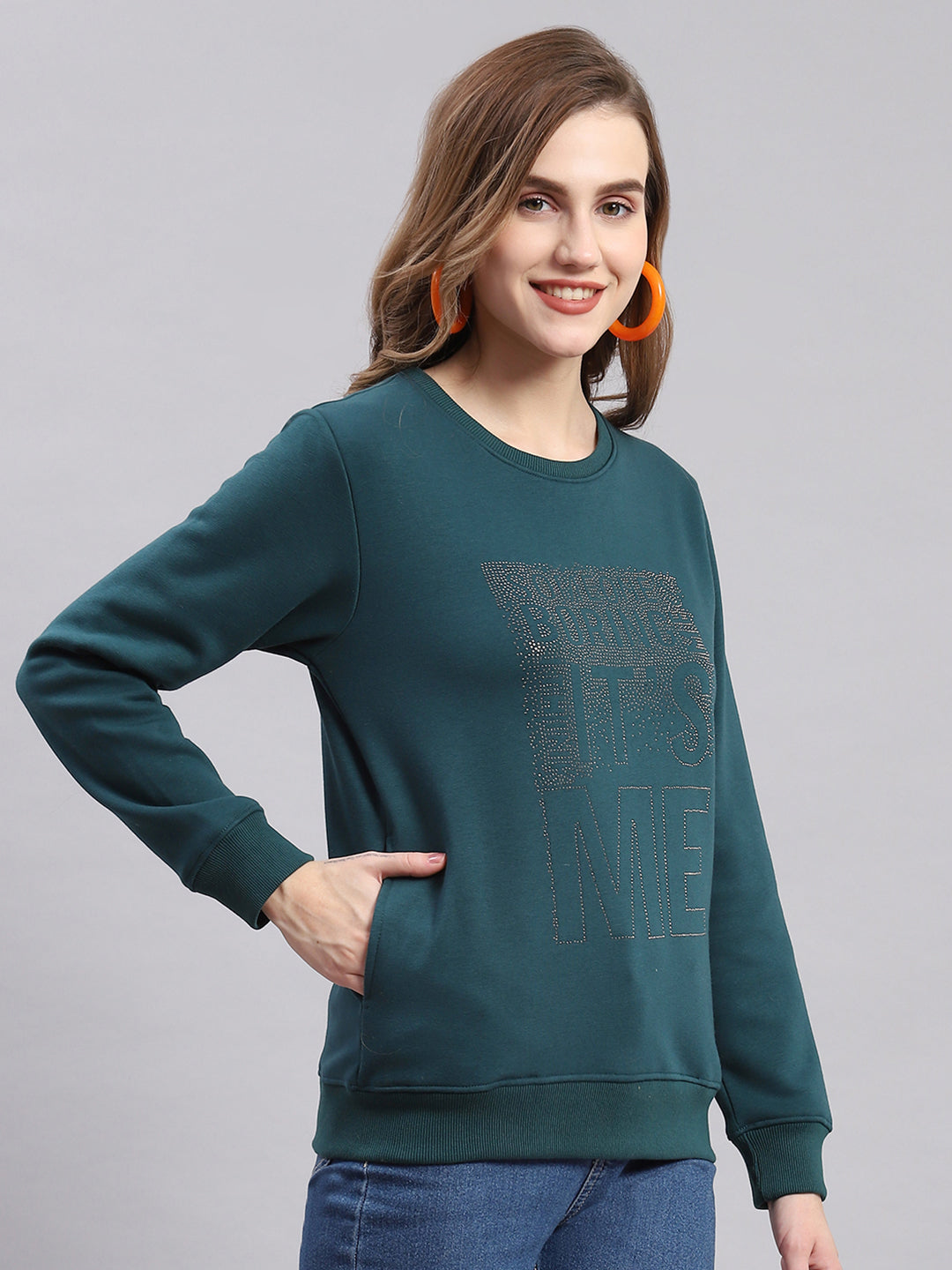 Women Teal Blue Printed Round Neck Full Sleeve Sweatshirts