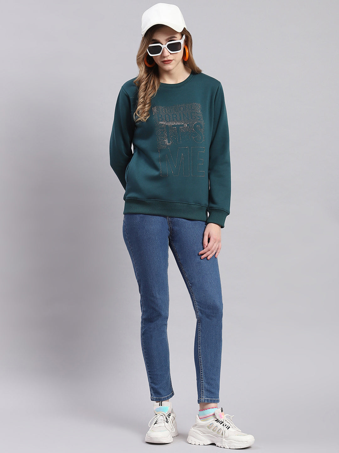 Women Teal Blue Printed Round Neck Full Sleeve Sweatshirts