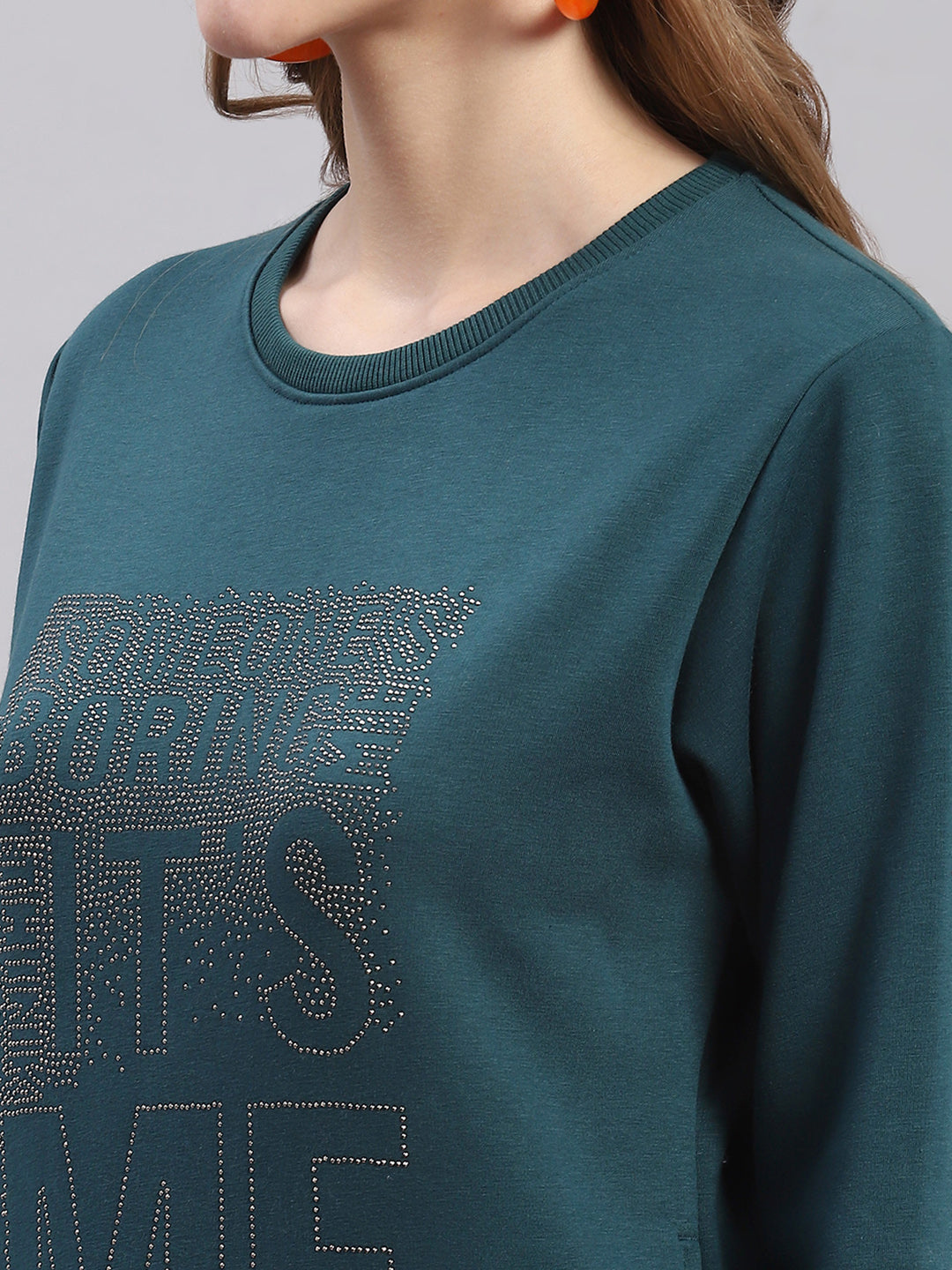 Women Teal Blue Printed Round Neck Full Sleeve Sweatshirts