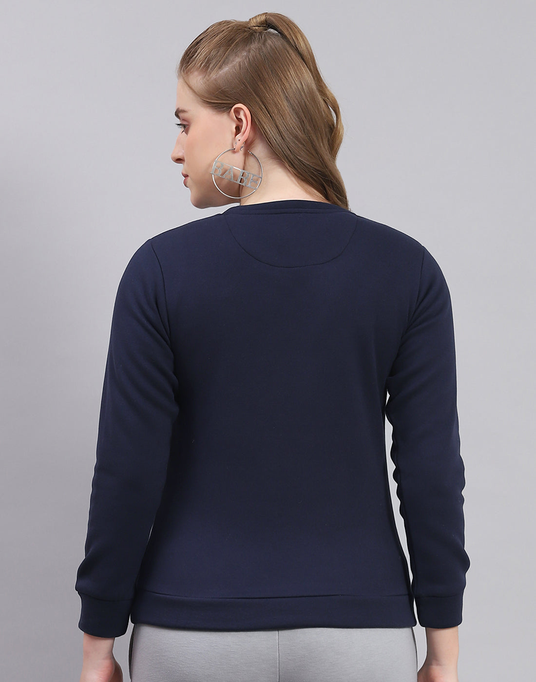 Women Navy Blue Printed Round Neck Full Sleeve Sweatshirt